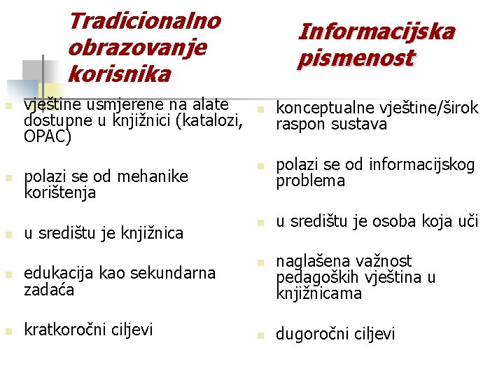 Tradicionalno obrazovanje korisnika vještine usmjerene na alate dostupne u knjižnici (katalozi, OPAC) Informacijska pismenost