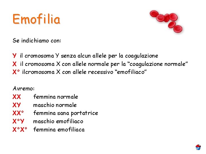 Emofilia Se indichiamo con: Y il cromosoma Y senza alcun allele per la coagulazione