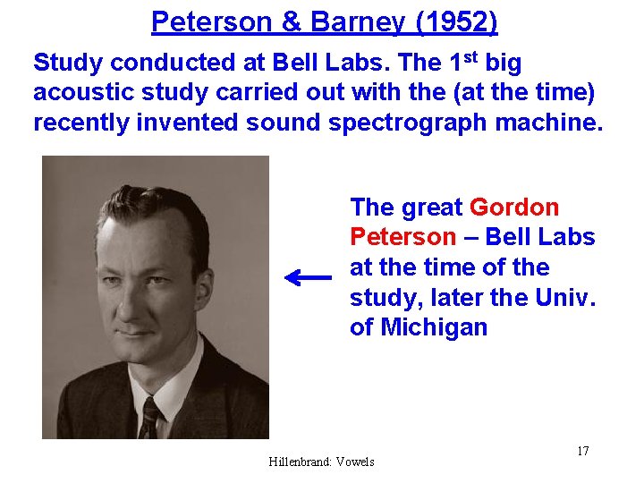Peterson & Barney (1952) Study conducted at Bell Labs. The 1 st big acoustic