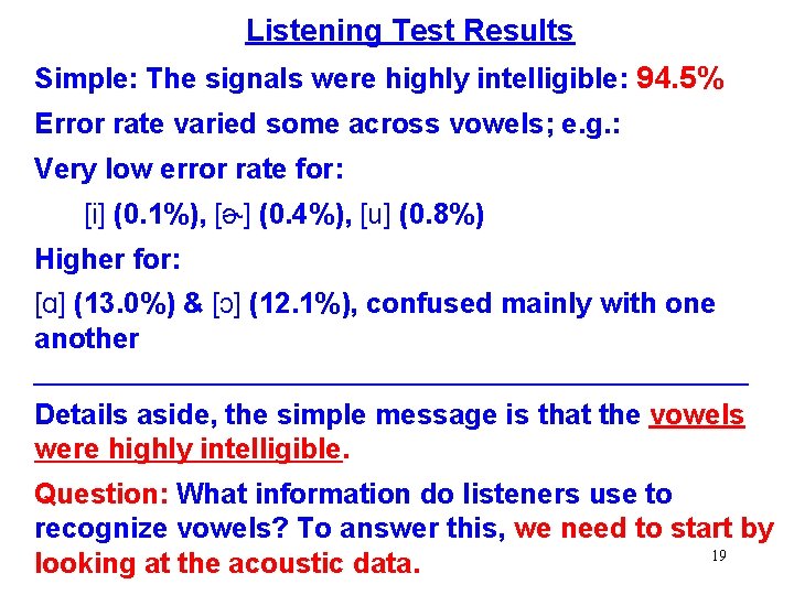 Listening Test Results Simple: The signals were highly intelligible: 94. 5% Error rate varied