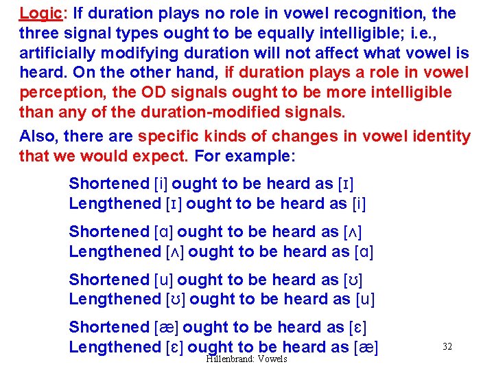 Logic: If duration plays no role in vowel recognition, the three signal types ought