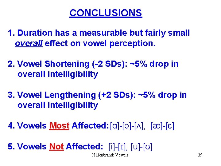 CONCLUSIONS 1. Duration has a measurable but fairly small overall effect on vowel perception.