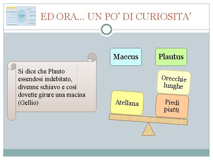  ED ORA… UN PO’ DI CURIOSITA’ Maccus Plautus Si dice che Plauto Orecchie