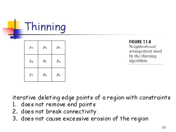 Thinning iterative deleting edge points of a region with constraints 1. does not remove