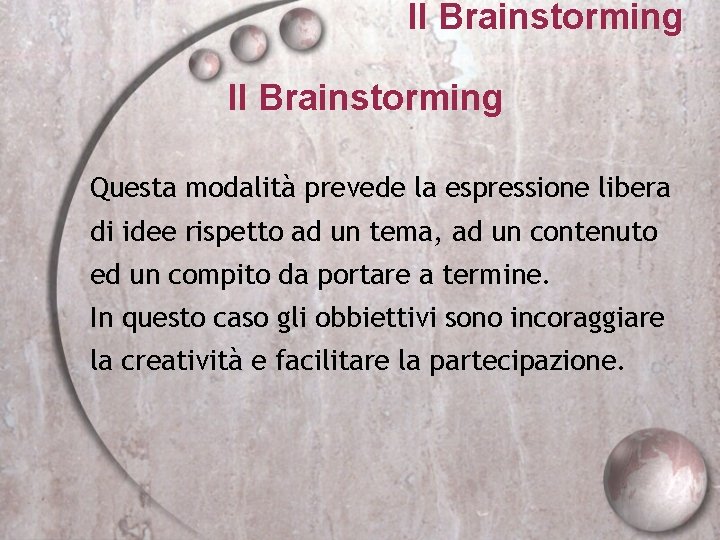 Il Brainstorming Questa modalità prevede la espressione libera di idee rispetto ad un tema,