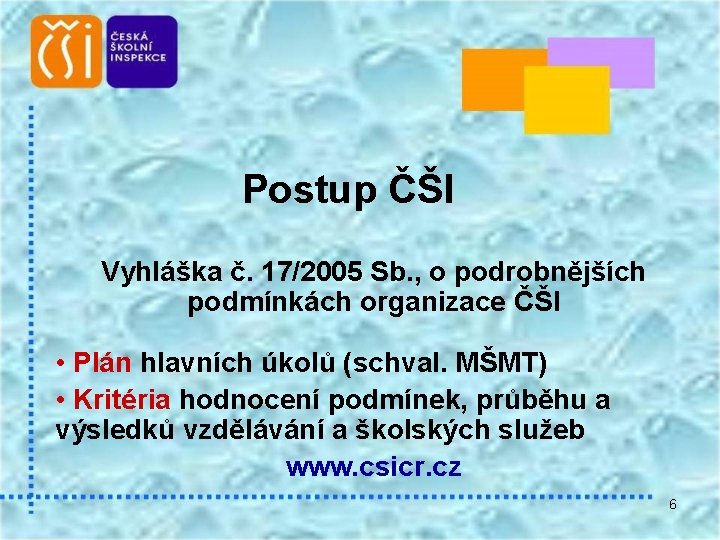 Postup ČŠI Vyhláška č. 17/2005 Sb. , o podrobnějších podmínkách organizace ČŠI • Plán