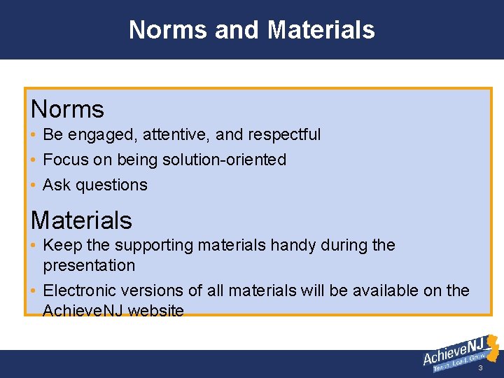 Norms and Materials Norms • Be engaged, attentive, and respectful • Focus on being