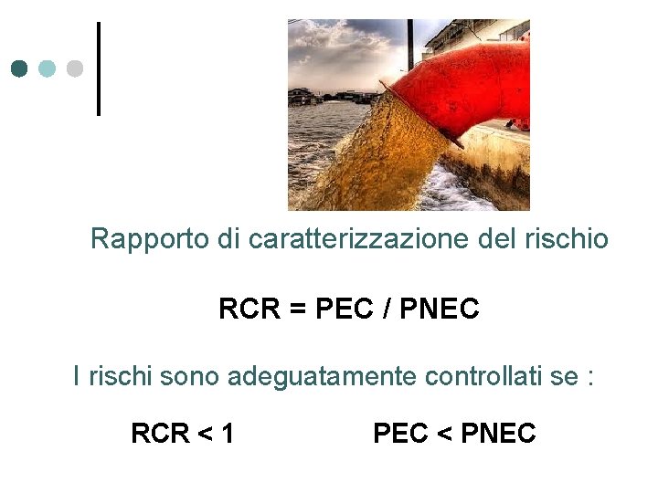 Rapporto di caratterizzazione del rischio RCR = PEC / PNEC I rischi sono adeguatamente Rapporto di caratterizzazione del rischio RCR = PEC / PNEC I rischi sono adeguatamente