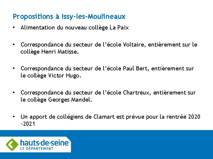 Propositions à Issy-les-Moulineaux • Alimentation du nouveau collège La Paix • Correspondance du secteur