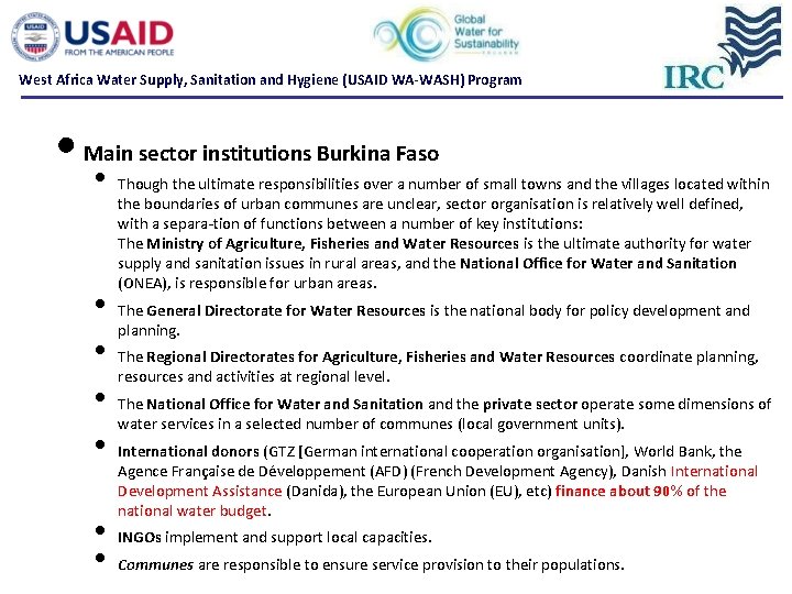 West Africa Water Supply, Sanitation and Hygiene (USAID WA-WASH) Program • Main sector institutions West Africa Water Supply, Sanitation and Hygiene (USAID WA-WASH) Program • Main sector institutions