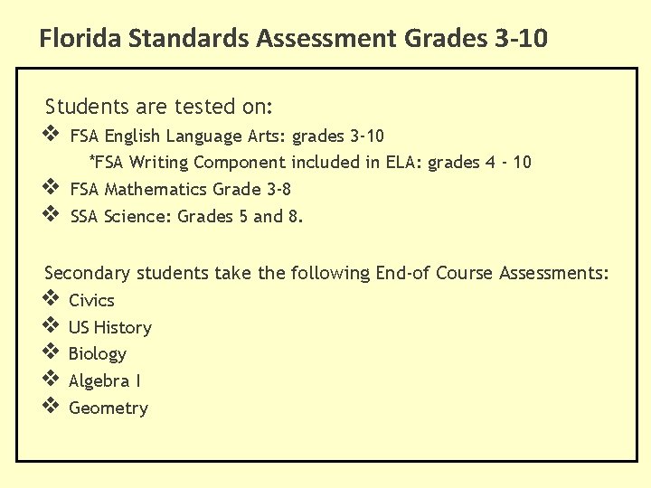 Florida Standards Assessment Grades 3 -10 Students are tested on: ❖ FSA English Language