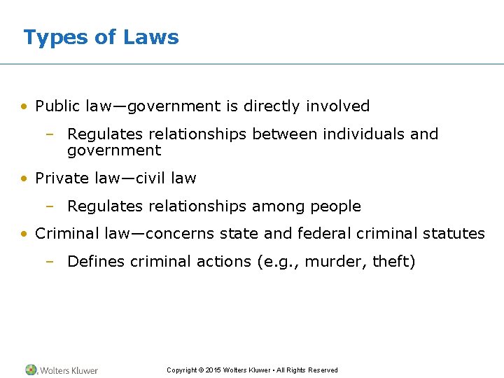 Types of Laws • Public law—government is directly involved – Regulates relationships between individuals Types of Laws • Public law—government is directly involved – Regulates relationships between individuals