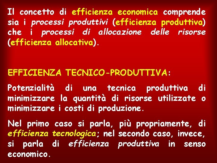 Il concetto di efficienza economica comprende sia i processi produttivi (efficienza produttiva) che i