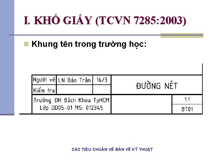 I. KHỔ GIẤY (TCVN 7285: 2003) n Khung tên trong trường học: CÁC TIÊU I. KHỔ GIẤY (TCVN 7285: 2003) n Khung tên trong trường học: CÁC TIÊU
