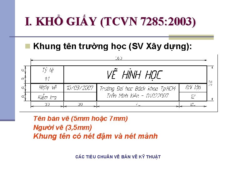 I. KHỔ GIẤY (TCVN 7285: 2003) n Khung tên trường học (SV Xây dựng): I. KHỔ GIẤY (TCVN 7285: 2003) n Khung tên trường học (SV Xây dựng):