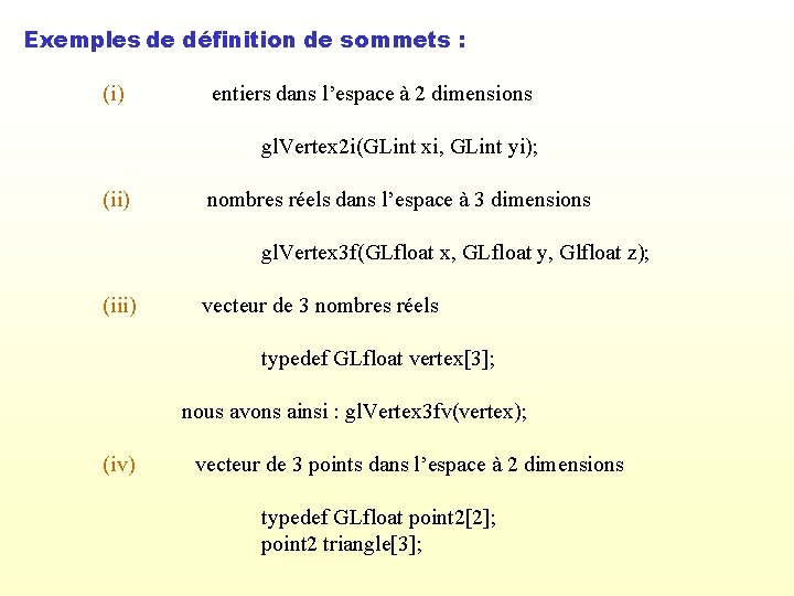 Exemples de définition de sommets : (i) entiers dans l’espace à 2 dimensions gl.