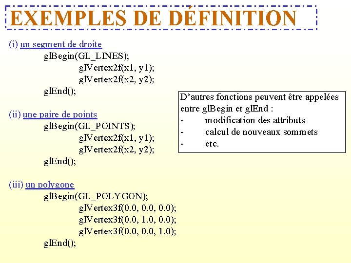 EXEMPLES DE DÉFINITION (i) un segment de droite gl. Begin(GL_LINES); gl. Vertex 2 f(x