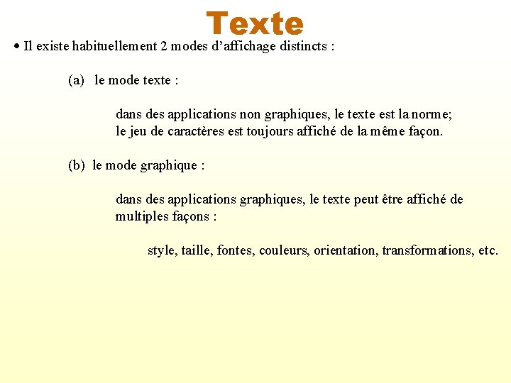 Texte Il existe habituellement 2 modes d’affichage distincts : (a) le mode texte :