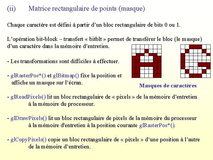 (ii) Matrice rectangulaire de points (masque) Chaque caractère est défini à partir d’un bloc