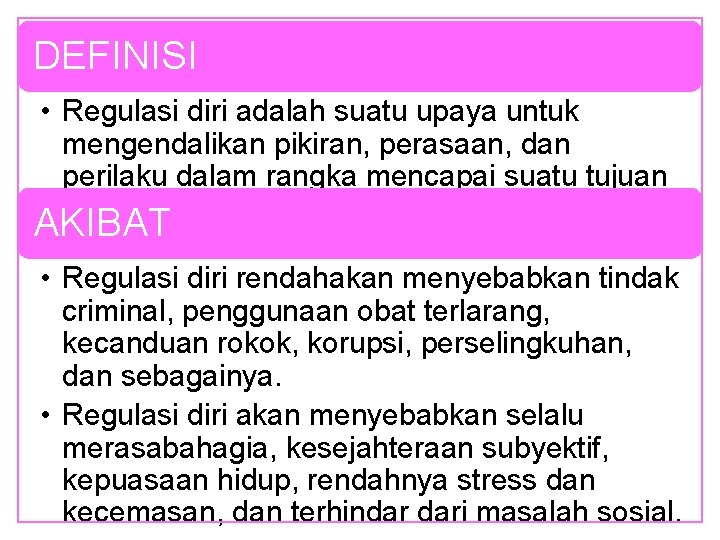 DEFINISI • Regulasi diri adalah suatu upaya untuk mengendalikan pikiran, perasaan, dan perilaku dalam