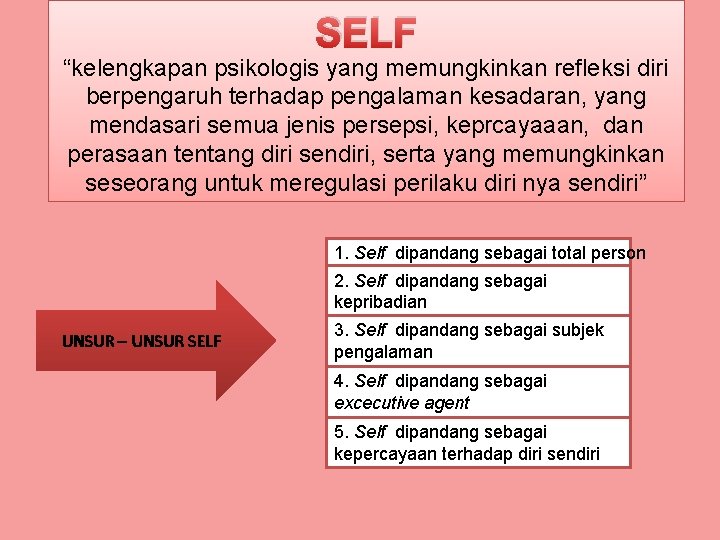SELF “kelengkapan psikologis yang memungkinkan refleksi diri berpengaruh terhadap pengalaman kesadaran, yang mendasari semua