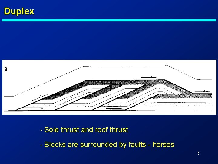 Duplex • Sole thrust and roof thrust • Blocks are surrounded by faults -