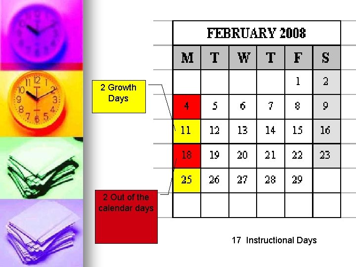 2 Growth Days 2 Out of the calendar days 17 Instructional Days 