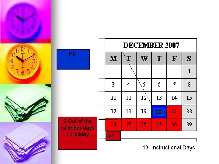 PD 20 6 Out of the calendar days 1 Holiday 31 13 Instructional Days