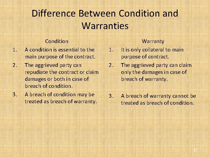 Difference Between Condition and Warranties 1. 2. 3. Condition A condition is essential to