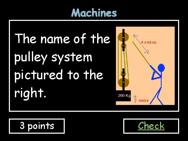 Machines The name of the pulley system pictured to the right. 3 points Check