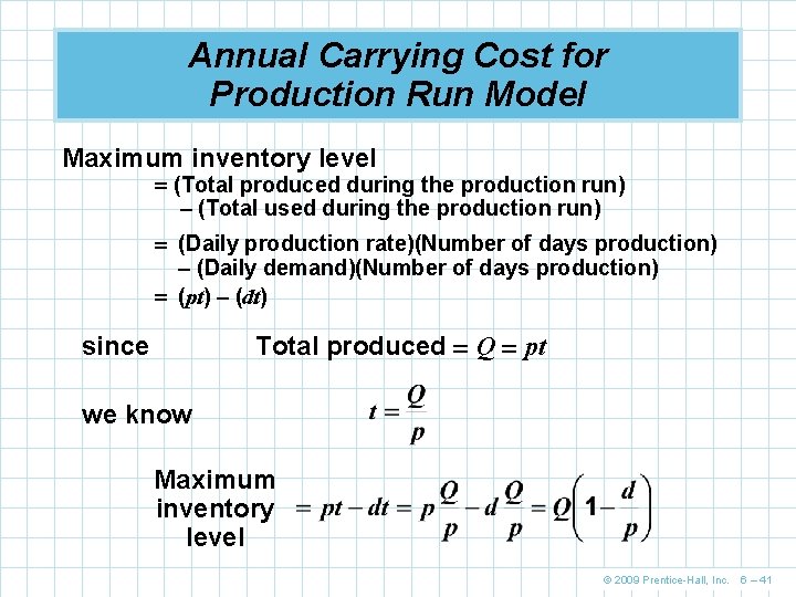 Annual Carrying Cost for Production Run Model Maximum inventory level (Total produced during the