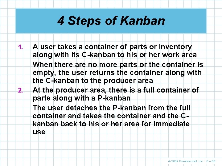 4 Steps of Kanban 1. 2. A user takes a container of parts or