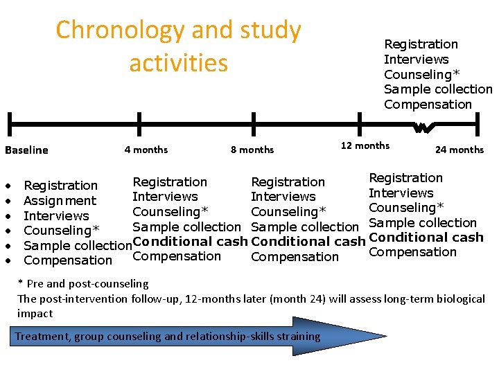 Chronology and study activities Baseline • • • 4 months 8 months Registration Interviews