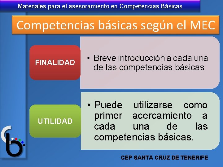 Materiales para el asesoramiento en Competencias Básicas Competencias básicas según el MEC FINALIDAD •