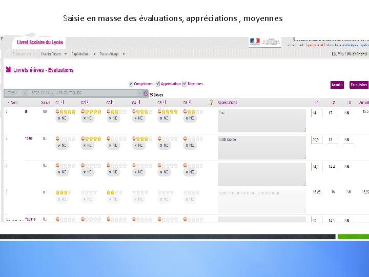 Saisie en masse des évaluations, appréciations , moyennes 