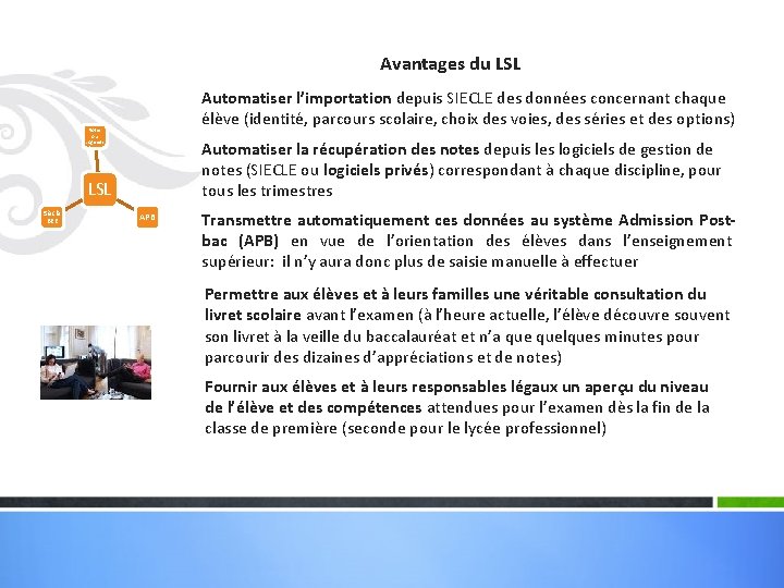 Avantages du LSL Automatiser l’importation depuis SIECLE des données concernant chaque élève (identité, parcours