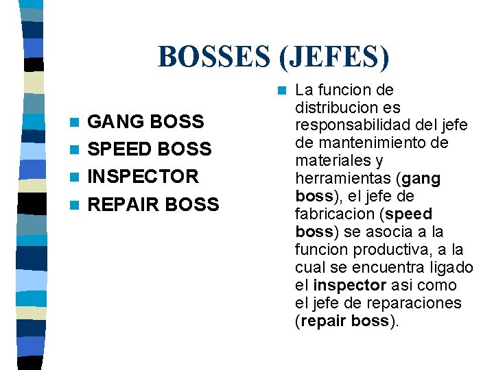 BOSSES (JEFES) n GANG BOSS n SPEED BOSS n INSPECTOR n REPAIR BOSS n BOSSES (JEFES) n GANG BOSS n SPEED BOSS n INSPECTOR n REPAIR BOSS n