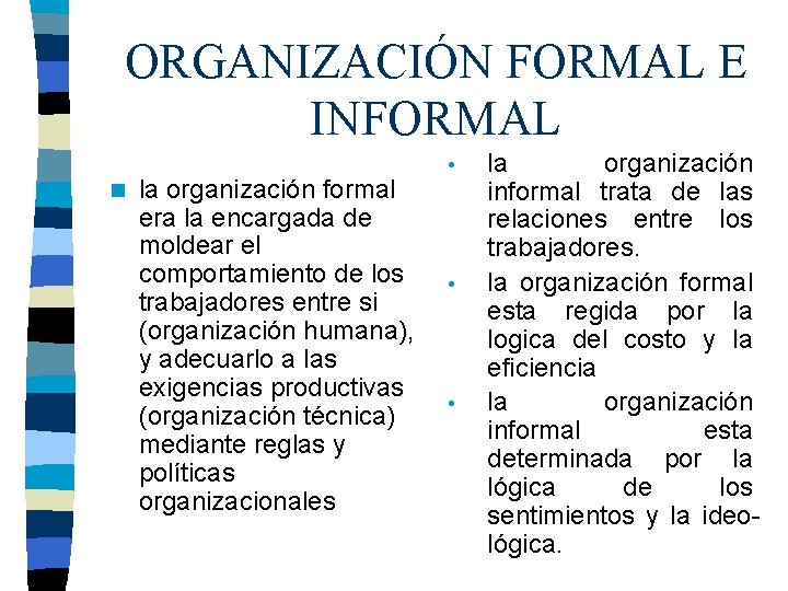 ORGANIZACIÓN FORMAL E INFORMAL • n la organización formal era la encargada de moldear ORGANIZACIÓN FORMAL E INFORMAL • n la organización formal era la encargada de moldear