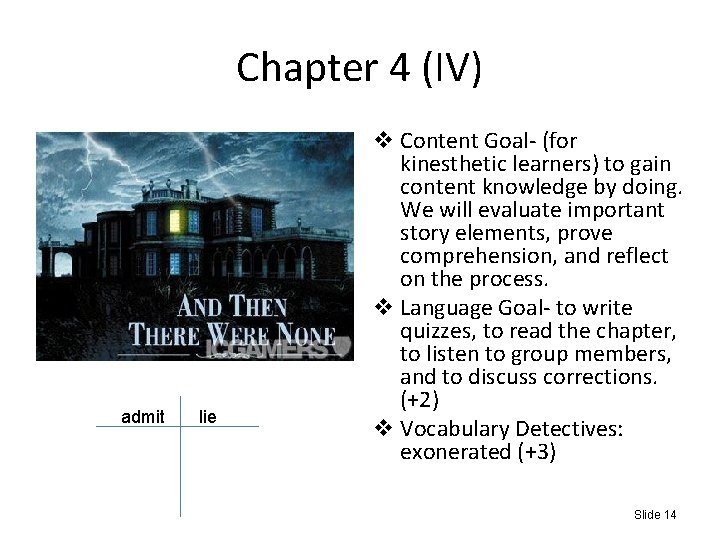 Chapter 4 (IV) admit lie v Content Goal- (for kinesthetic learners) to gain content