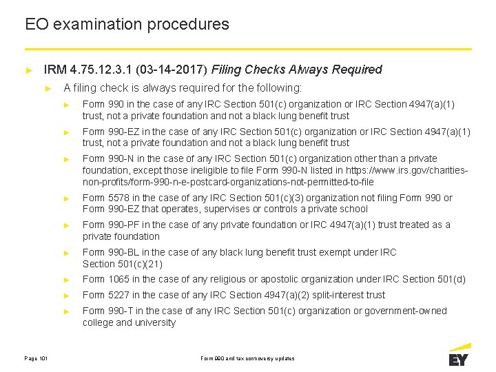 EO examination procedures ► IRM 4. 75. 12. 3. 1 (03 -14 -2017) Filing