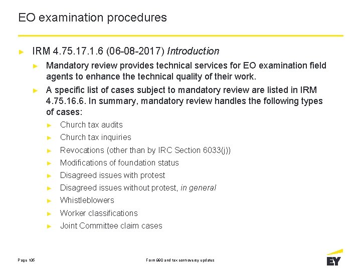 EO examination procedures ► IRM 4. 75. 17. 1. 6 (06 -08 -2017) Introduction