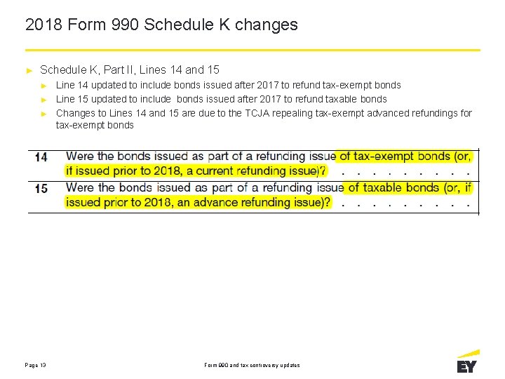 2018 Form 990 Schedule K changes ► Schedule K, Part II, Lines 14 and