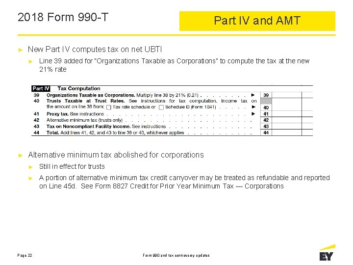 2018 Form 990 -T ► New Part IV computes tax on net UBTI ►