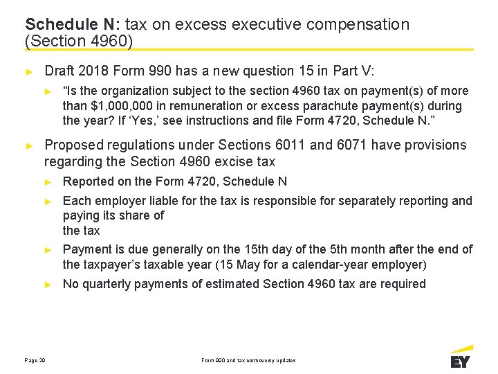 Schedule N: tax on excess executive compensation (Section 4960) ► Draft 2018 Form 990