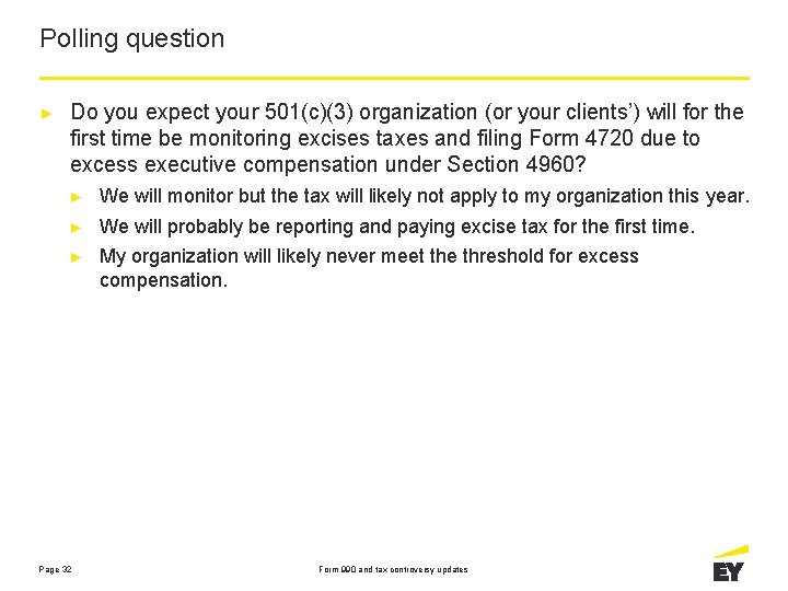 Polling question ► Do you expect your 501(c)(3) organization (or your clients’) will for