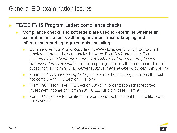 General EO examination issues ► TE/GE FY 19 Program Letter: compliance checks ► Page