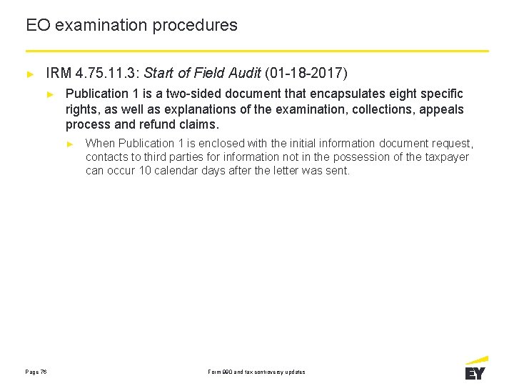 EO examination procedures ► IRM 4. 75. 11. 3: Start of Field Audit (01