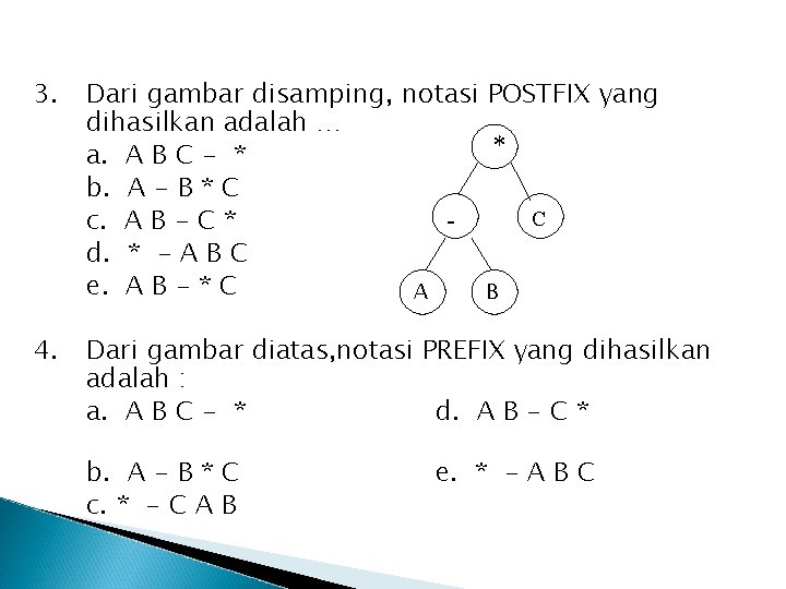 3. Dari gambar disamping, notasi POSTFIX yang dihasilkan adalah … * a. A B