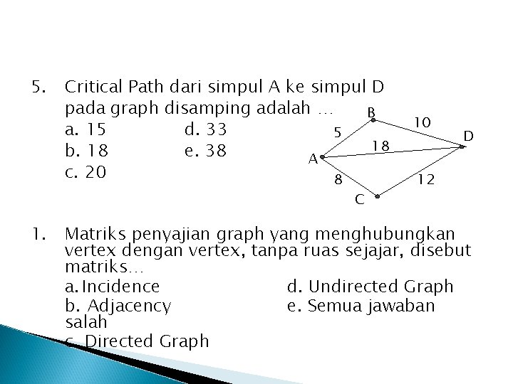 5. Critical Path dari simpul A ke simpul D pada graph disamping adalah …