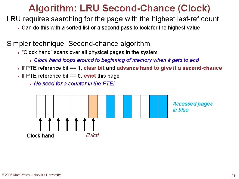 Algorithm: LRU Second-Chance (Clock) LRU requires searching for the page with the highest last-ref